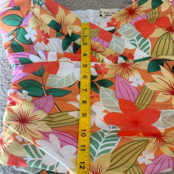 Tea n Cup Vibrant Floral Ruched Blouse - Orange, Green, White - Picture 10 of 10